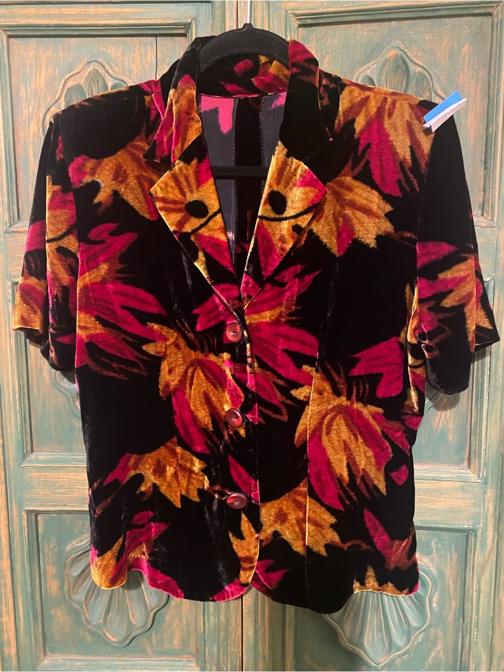Velvet Button-Front Short Sleeve Top in Black with Pink & Gold Floral